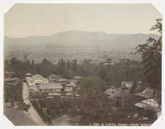 Panoramic view of Kyoto city from Maruyama in the 1890s, hand-colored photograph showing cityscape with traditional buildings and distant mountains