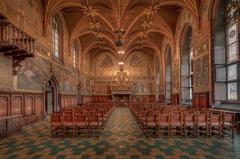 Interior view of ornate meeting room inside Bruges City Hall with historic paintings and detailed ceiling