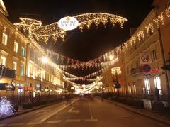 Nowy Świat Street in Warsaw decorated with festive Christmas lights at night