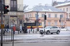 Aerial view of Aleje Jerozolimskie and Nowy Swiat intersection in Warsaw during winter