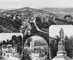 Wood engraving of Tübingen from the west with landmarks related to Ludwig Uhland including Uhlandhaus, Uhland grave, and Uhland monument