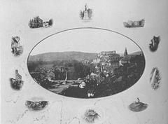 Panoramic view of Tübingen from Österberg with Uhland Monument, barracks, Vorderes Schloßtor, Uracher Waterfall, Wurmlingen Chapel, Hohenzollern Castle, Bebenhausen Monastery, Lichtenstein Castle, Inner Schlosstor and Neue Aula