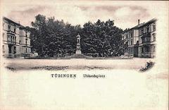 Uhlandplatz in Tübingen with Uhland monument seen from south, historic postcard by Heinrich Sting circa 1898