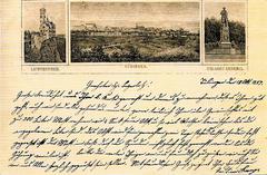 Old postcard showing three views: center view of Tübingen from Galgenberg, left view of Lichtenstein Castle, right view of Uhlanddenkmal