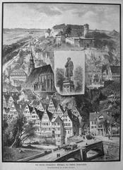 Wood engraving print of the Secular Celebration of Uhland in Tübingen featuring a montage of objects with the Uhland monument central