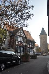 Historic protected building Rathausstraße 17 with Rathausturm tower in Bad Homburg