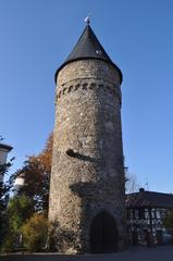 Rathausturm clock tower in Bad Homburg under blue sky