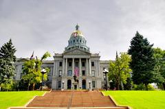 Scenic autumn walk in Denver Civic Center Park with colorful fall foliage and historic buildings