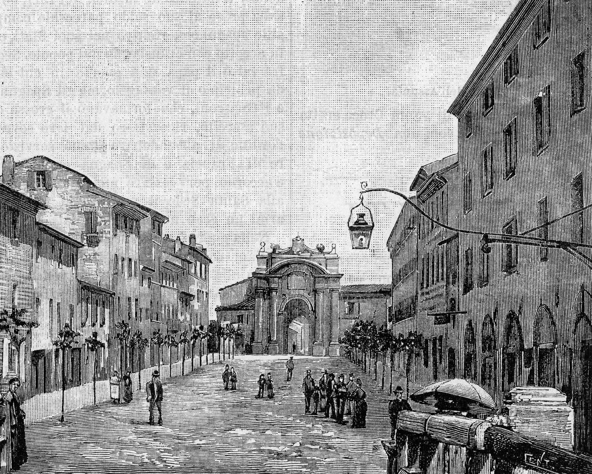 Senigallia Via Grande and Porta Lambertina woodcut print