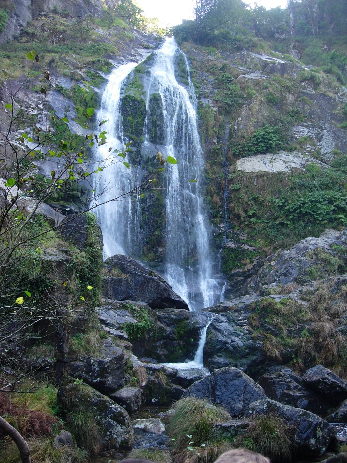 A Fervenza waterfall on Río Belelle in Neda, Galiza, surrounded by lush green forest