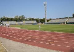 Interior view of Stadio Romeo Neri in Rimini with empty green field and blue seating