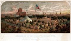 Bird's-eye view of the Great Central Fair buildings at Logan Square, Philadelphia, June 1864 with crowds, horse-drawn vehicles, and the Cathedral of Saints Peter and Paul