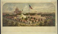 Engraving of Great Central Fair buildings at Logan Square Philadelphia June 1864 with Cathedral Basilica and Wills Eye Hospital