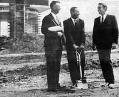 Jay Swayze breaking ground on underground house site at 1963 World's Fair with Walter Nolan and Jimmy Dean