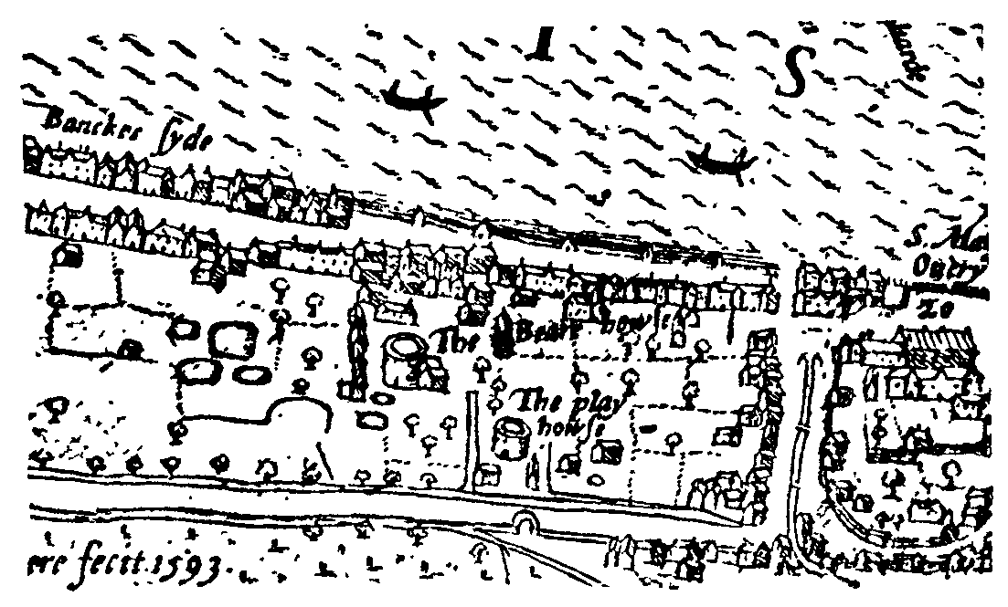 Historical map of Bankside showing the Bear Garden and Rose Theatre in London, 1593