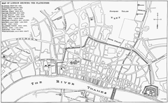 Map of 16th and 17th century London theatres with Globe Theatre location corrected