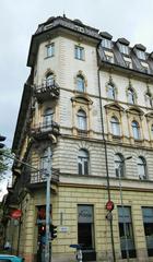 View of Krisztina Boulevard in Budapest with historic buildings and tram tracks