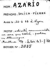 Imprisonment record of Julien Azario from Montluc prison Lyon 1944