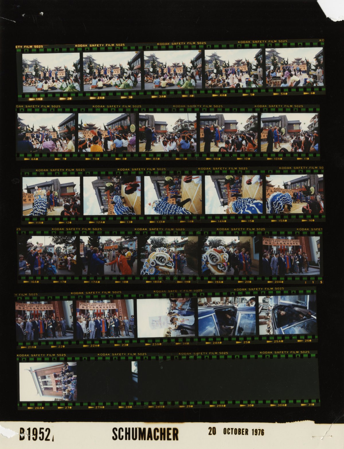 Photo contact sheet B1952 from Gerald R. Ford White House Photographic Office showing multiple black and white images from 1974-1977