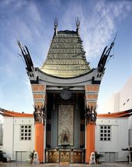 Exterior view of Grauman's Chinese Theatre in Hollywood with its iconic Chinese-style architecture and forecourt