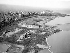 Aerial view of Municipal Grant Park Stadium construction site in Chicago
