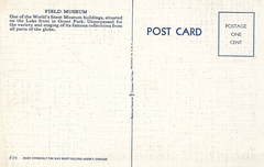 Back of a postcard featuring the Field Museum in Chicago, Illinois