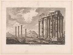 Engraving of the ruins of the Temple of Hadrian in Rome, showing classical architecture and surrounding landscape, 1758