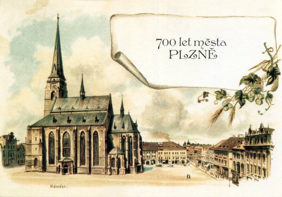 Vintage postcard of Pilsen city square with historical buildings and town hall tower