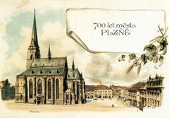 Vintage postcard of Pilsen city square with historical buildings and town hall tower