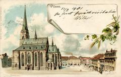 Historic city square of Pilsen with old buildings and people