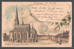 Vintage postcard of Pilsen city square with historic buildings and lively street scene