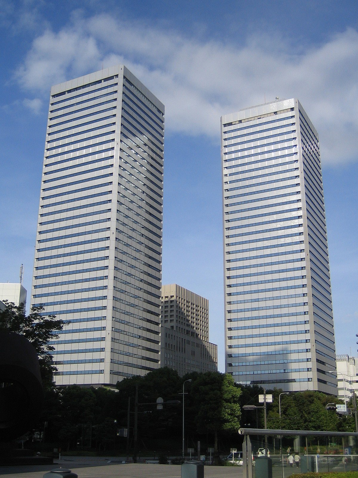 Osaka Business Park TWIN21 Building with Panasonic Tower on the left and MID Tower on the right in Osaka City