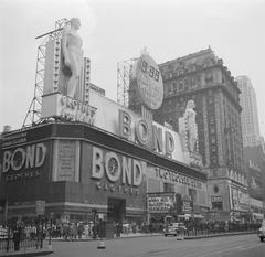 Bond Clothes clothing store on Times Square seen from Broadway in New York City, June 1948