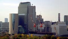 Panoramic view of Osaka city skyline from Osaka Castle in Japan