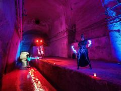 Night view of Budapest Kőbányai cellar system during BBU Halloween Run 2024 with runners in costumes