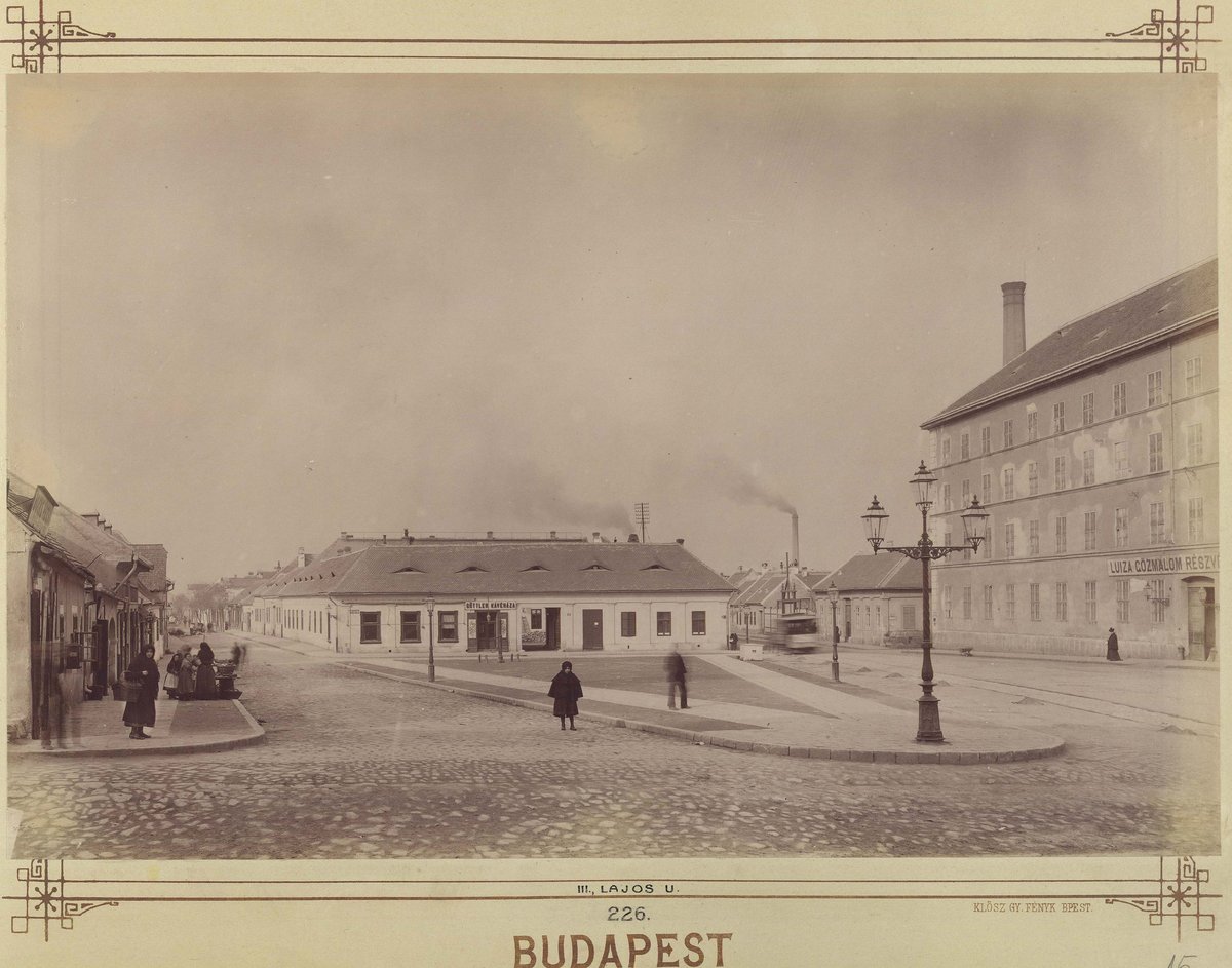 View of Kolosy (Lujza) Square from Szépvölgyi Road in Budapest, 1890s, with Lajos Street and Lujza Steam Mill on the right