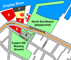 Detailed historical map of Boston molasses disaster showing key sites like Purity Distilling molasses tank and damaged buildings from the 1919 event