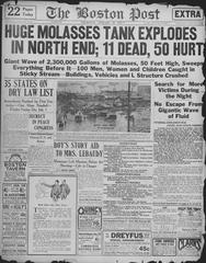 Boston Post newspaper front page from January 16, 1919 describing the Boston Molasses Disaster
