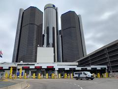 Inbound passenger processing lanes at Detroit Windsor Tunnel with GM Renaissance Center in background