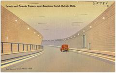 Detroit and Canada Tunnel near American Portal in Detroit Michigan with road and vehicles