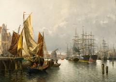Painting of Le Havre harbour depicting ships and cranes