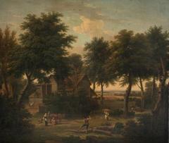 British English School painting of farmstead with figures working