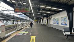 View of JR Bentencho Station platform with waiting passengers and railway tracks