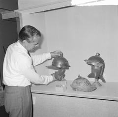 Helmets from the Roman legion era displayed at the Tropenmuseum Bible exhibition in 1964