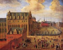 Wide view of Baliënplein square in the city of 's-Hertogenbosch, Netherlands with historic buildings and people walking