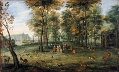 Archdukes Albert and Isabella walking in the park of their Brussels palace, oil painting by Jan Bruegel