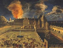Fire engulfing the Castle of Coudenberg at night