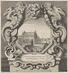View of the Palace of the Koudenberg in Brussels with knights and noble women relaxing in front, framed by ornamental borders with two eagles