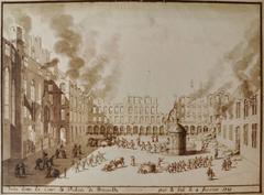 Painting of the courtyard view of the Brussels Palace destroyed by fire on February 3, 1731