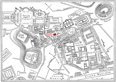 Ancient map of downtown Rome during the Roman Empire showing streets and the Temple of Caesar